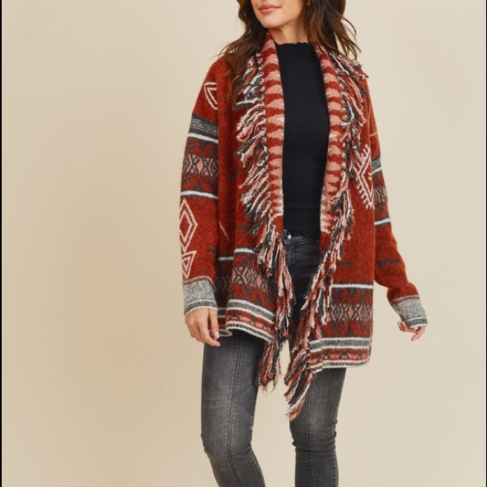 Fringe knit Sweater Cardigan Tribal Retro Print RUST - Picture 6 of 8